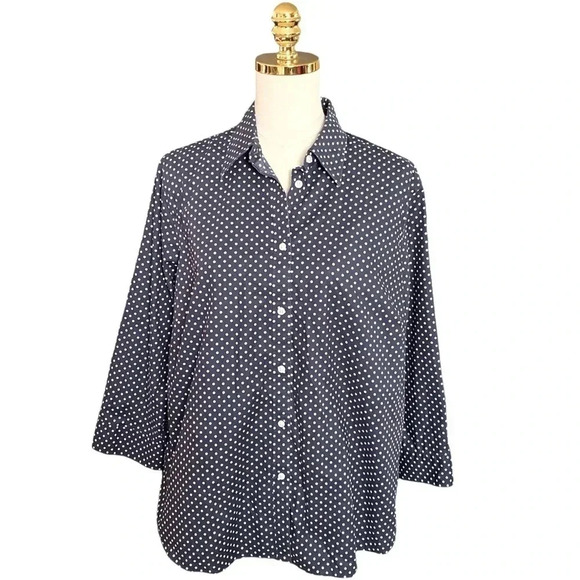 LAUREN RALPH LAUREN Navy/White Polka Dot Non Iron Button Up Cotton Shirt Size 1X - Picture 4 of 10